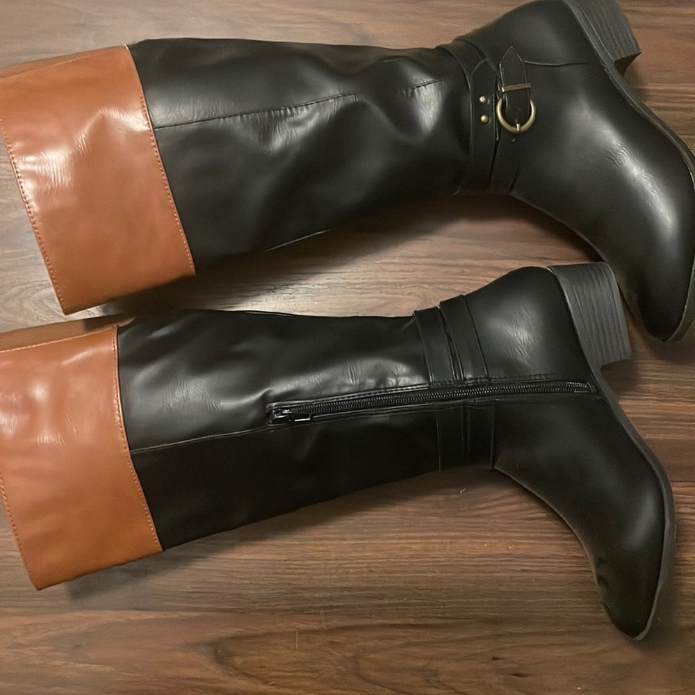 Brown and black boots